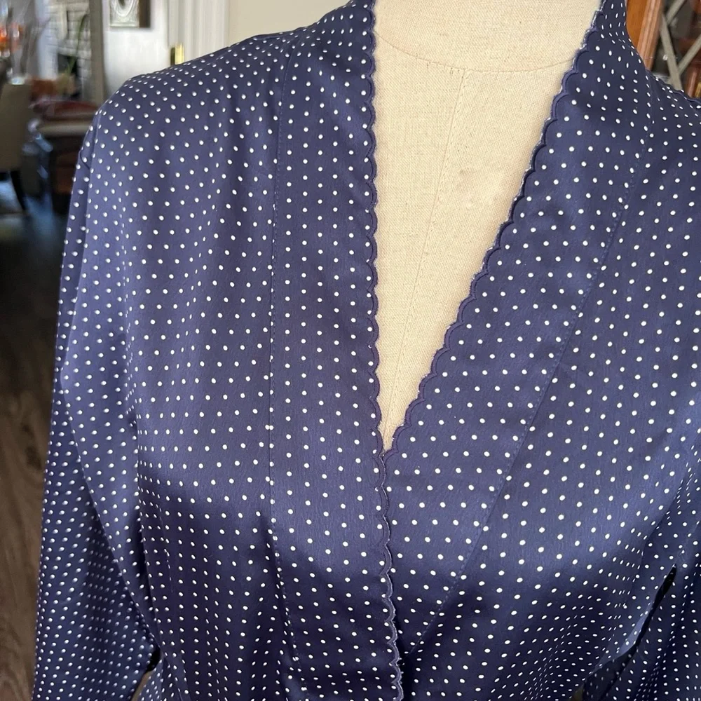 CABERNET Navy Polka Dot 3/4 Sleeve Short Belted Wrap Front Bathrobe